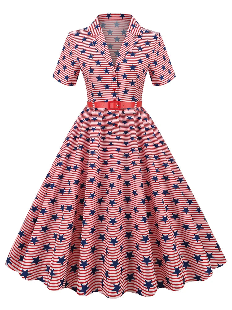 Tonval Notched Collar Button Up Star Print Summer Dress 2023 Women Short Sleeve Belted 50s 60s Pinup A-Line Vintage Dresses