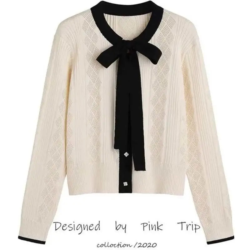 Lace Up Bow Knit Cardigan Spring And Autumn New Women's Color Contrast Hollow Pin Short Slim Top