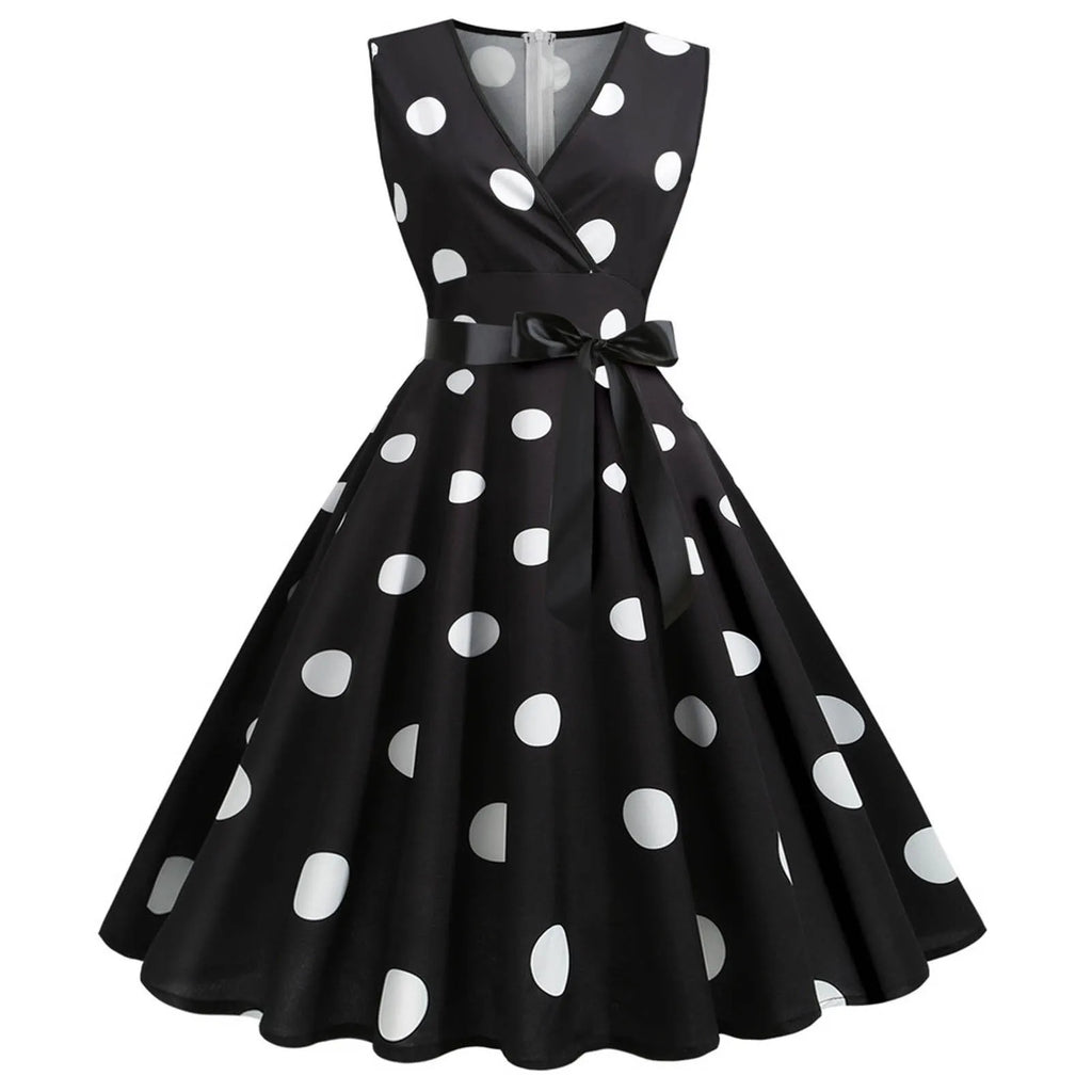 Polka Dot Summer Ladies Dress Vintage Retro With Sleeveless V-Neck Pin up Vestidos Robe Femme Casual A-line Party Dress 2024