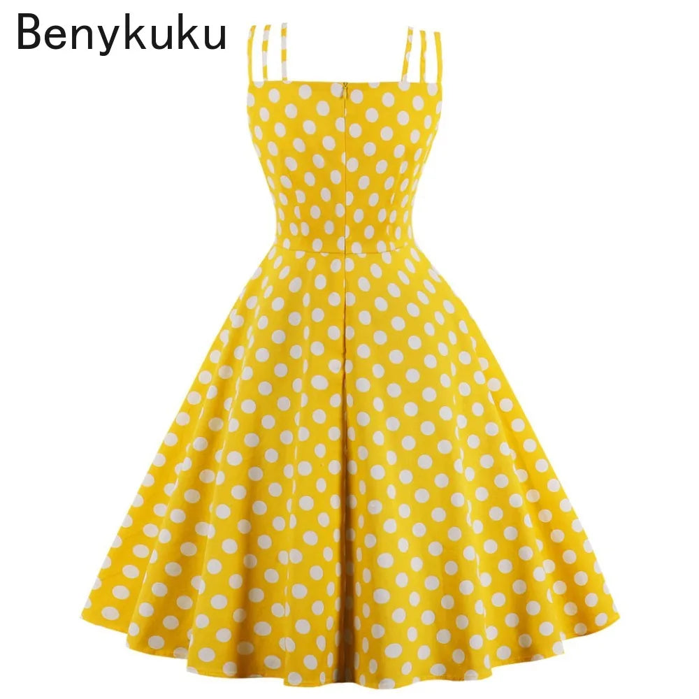 Polka Dot Vintage 1950s Yellow Dress Plus Size 4xl Women Summer Elegant Strap Pin up 60s Tunic Summer Rockabilly Cotton Dresses