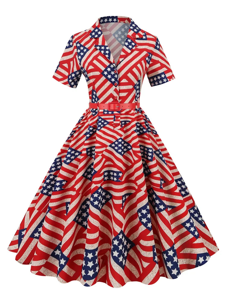 Tonval Notched Collar Button Up Star Print Summer Dress 2023 Women Short Sleeve Belted 50s 60s Pinup A-Line Vintage Dresses