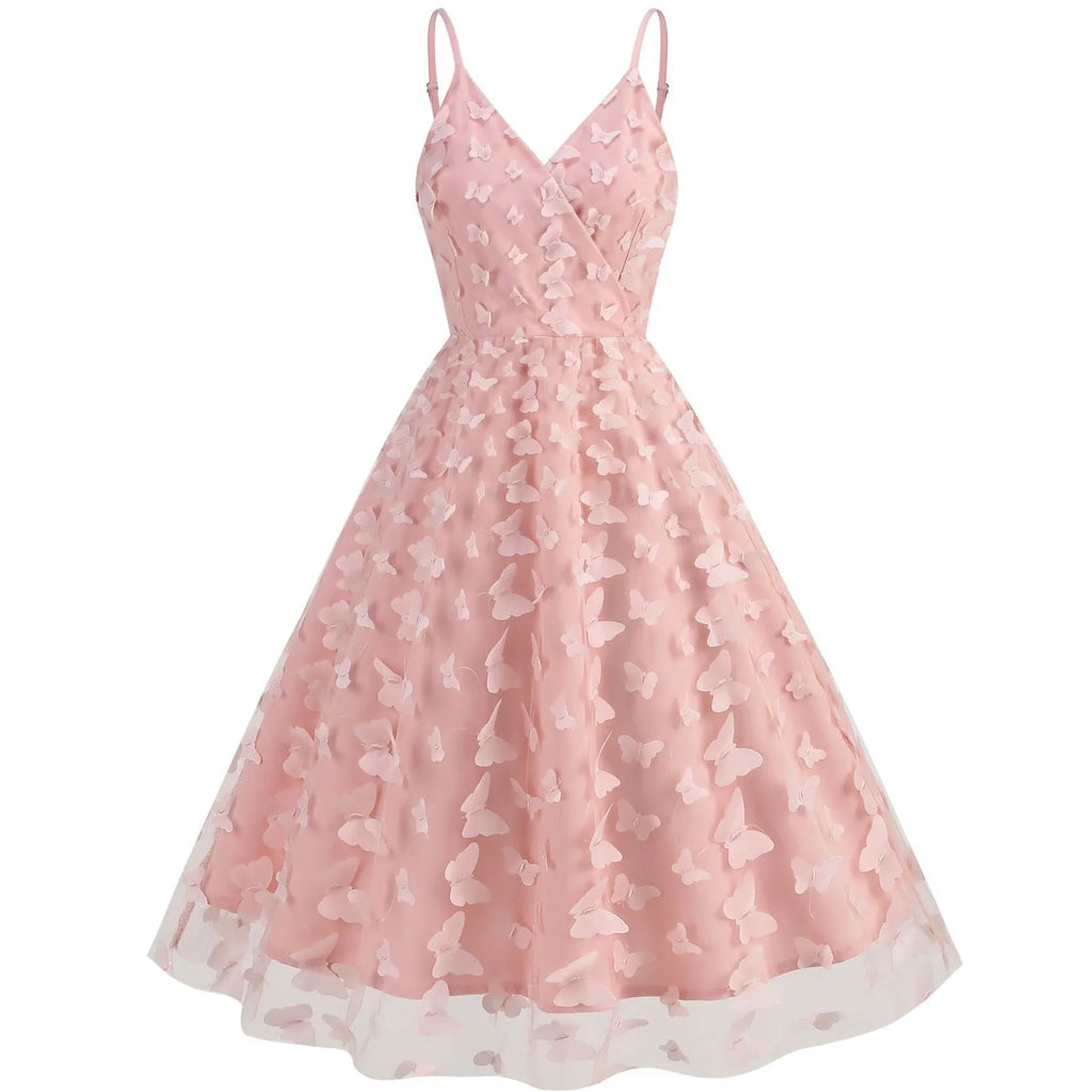 Pink Summer Dress Women V Neck Vintage Robe Elegant Retro Pin Up Party Office Spaghetti Strap Mesh Rockabilly Midi Dresses