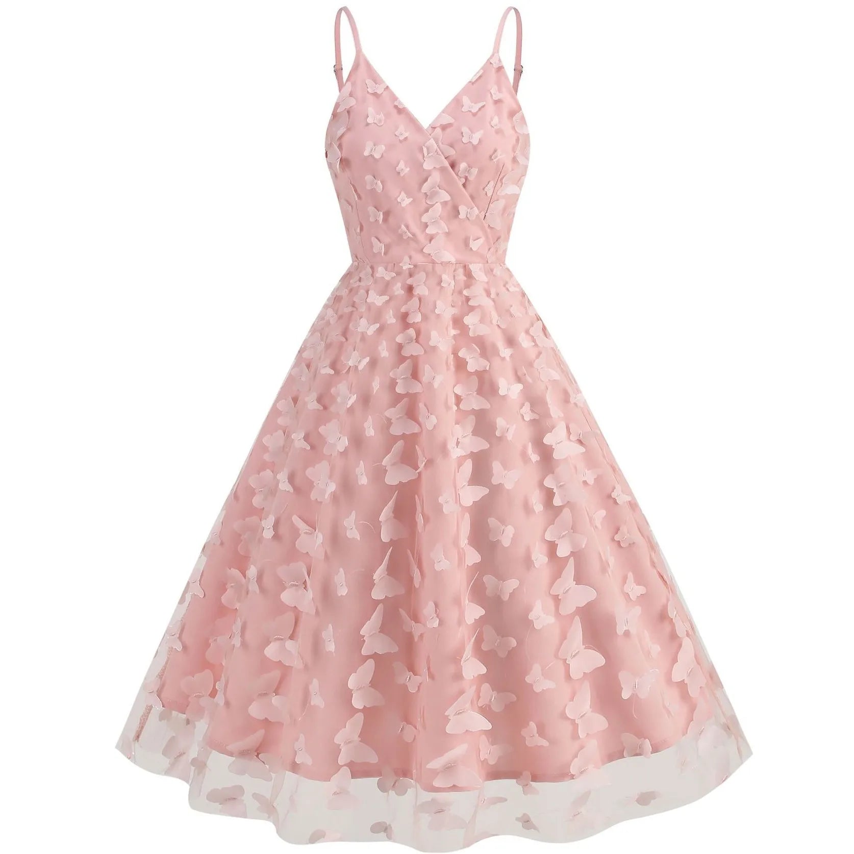 Pink Summer Dress Women V Neck Vintage Robe Elegant Retro Pin Up Party Office Spaghetti Strap Mesh Rockabilly Midi Dresses