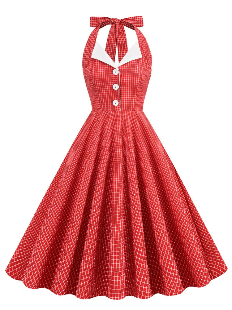 Tonval Button Up Plaid Vintage Fit and Flare Dress Summer Women Pinup Robe Halter Backless Evening Party Pockets Dresses