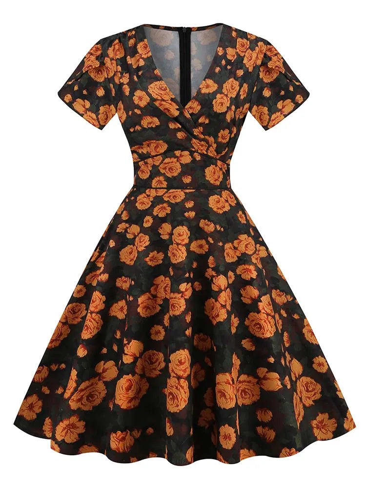 Print Summer Women Vintage Dress Retro Pin UP Casual Party Robe 60s 50s Swing Sundress Short Sleeve V Neck Midi Vestidos