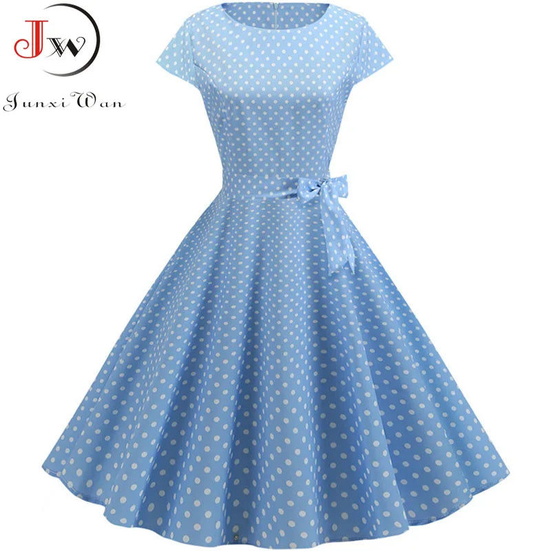 Summer Polka Dot Dress Women Elegant Short Sleeve A-Line Midi Party Dress Sundress Robe Rockabilly Vestidos