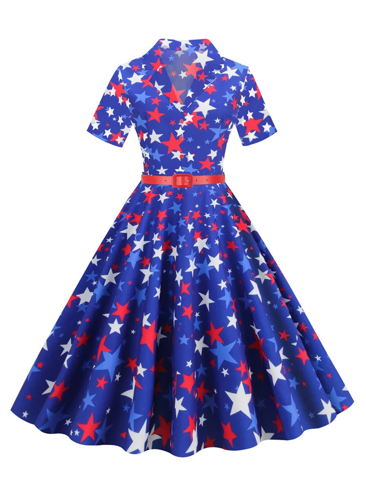 Tonval Notched Collar Button Up Star Print Summer Dress 2023 Women Short Sleeve Belted 50s 60s Pinup A-Line Vintage Dresses