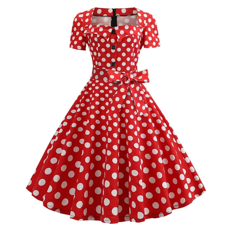 Women Summer Dress Elegant Retro Swing Pinup Casual Short Sleeve Red Party Midi Dresses With Belt