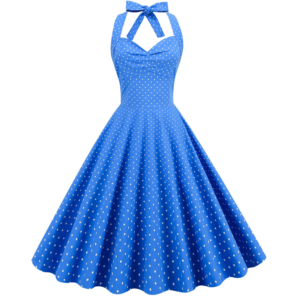 Polka Dot Hepburn Style 50s 60s Vintage Dress A-Line Backless Halter Pin Up Rockabilly Dress Women Summer Retro Party Vestidos