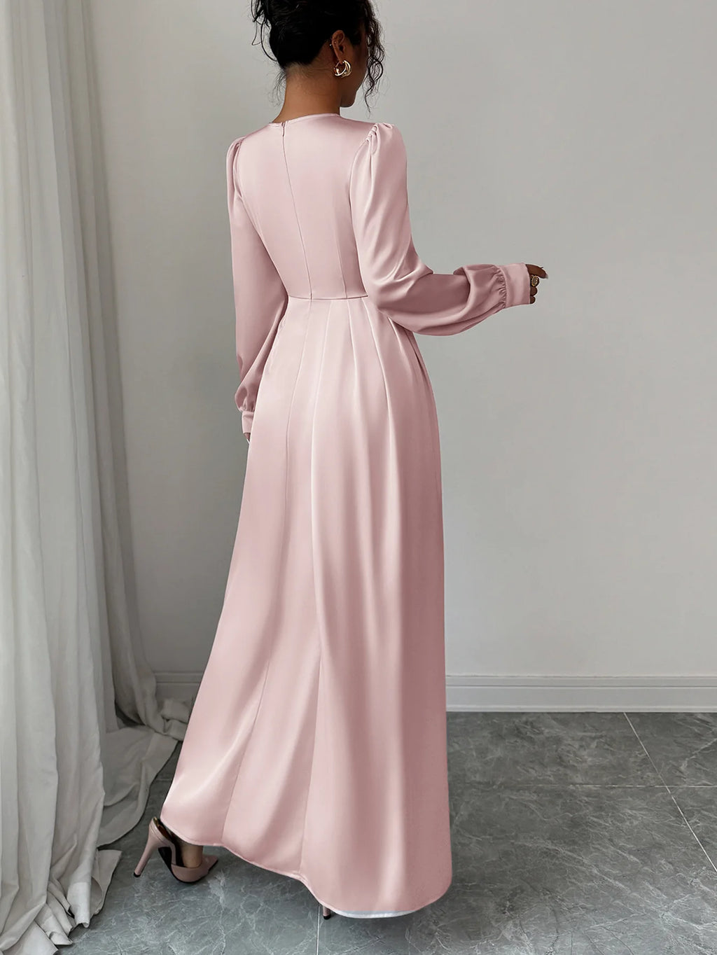 Women's Pink Satin Maxi Dress Long Puff Sleeve Round Neck High Waist Pleated Flare Skirt Formal Evening Party Wedding Guest Gown