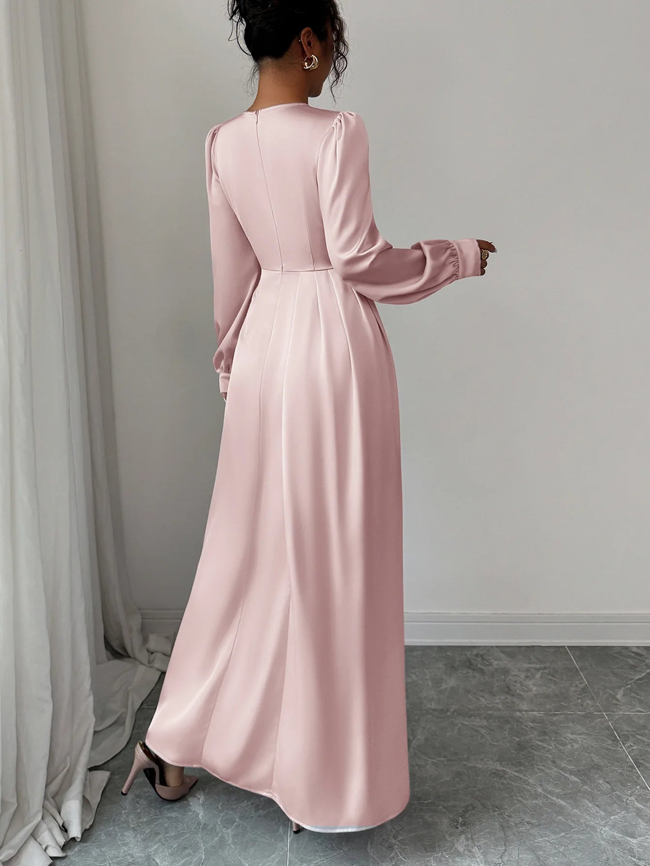 Women's Pink Satin Maxi Dress Long Puff Sleeve Round Neck High Waist Pleated Flare Skirt Formal Evening Party Wedding Guest Gown