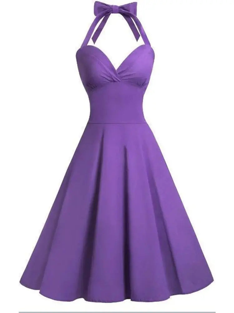 BABYONLINE 50s Audrey Hepburn Halter Dress for Women Vintage Tie Button Swing Dresses Pinup Rockabilly Cocktail Party Dress