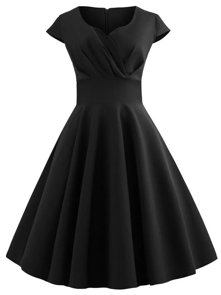 Summer Dress Women Short Sleeve Hepburn 50s 60s Vintage Pin Up Rockabilly Dress Robe Elegant Evening Party Dress