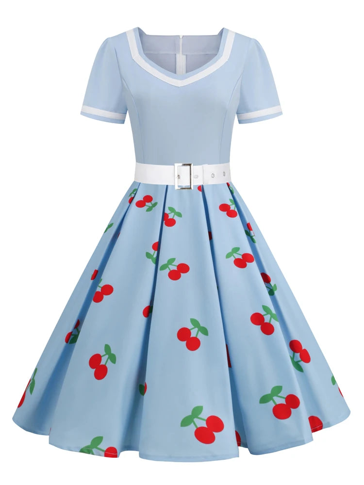 Tonval Pink V-Neck Short Sleeve Pleated Vintage Strawberry Dress with Belt for Women 50s Pinup Robe Evening Summer Dresses 2024