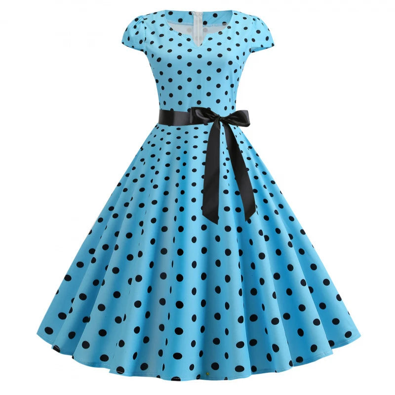 Women Vintage 1950s 60s  Polka Dot Big Swing Dress Aesthetic Bowknot Sash Belt Gown Pinup Rockabilly Party Sundress Elegant Robe