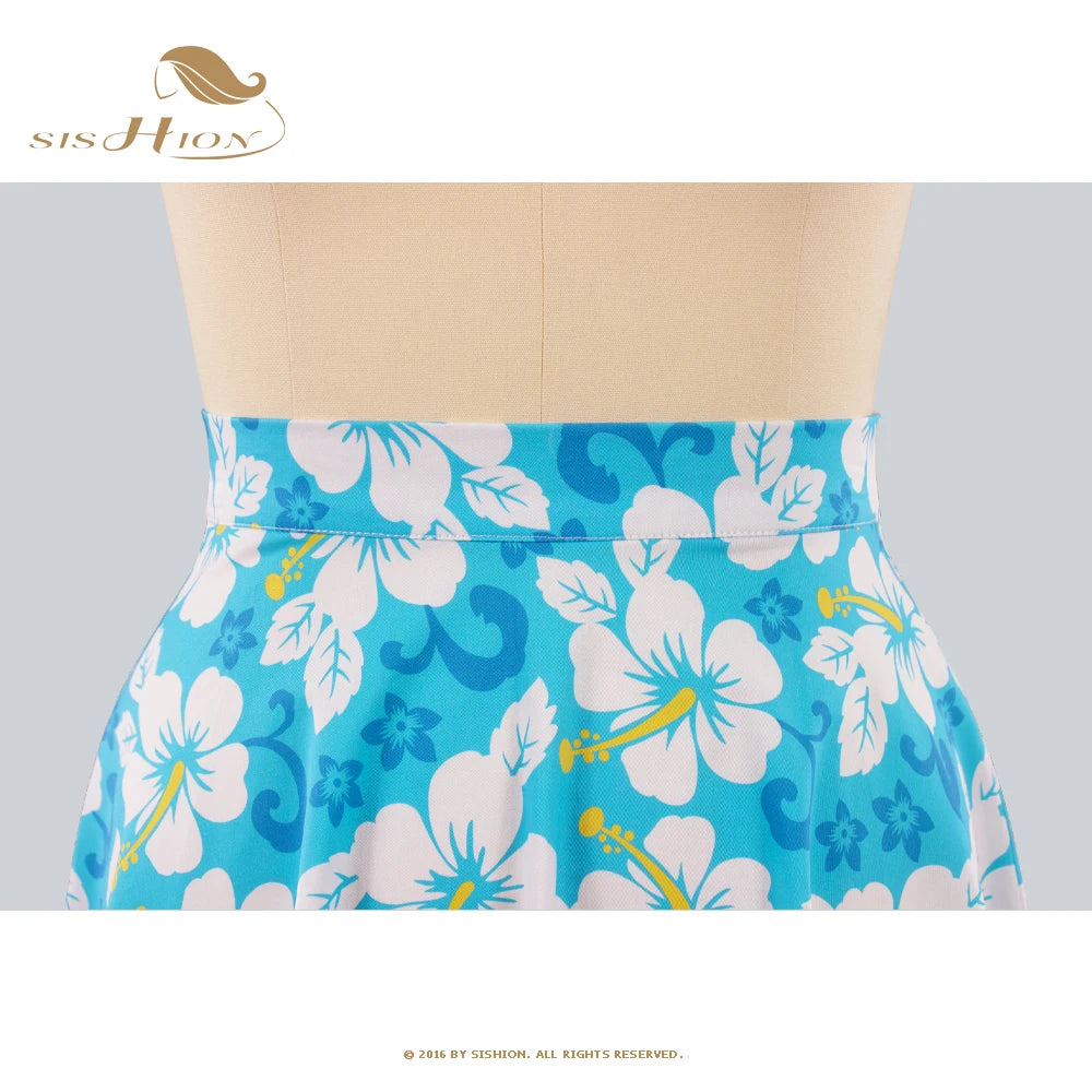 SISHION High Waist Blue Flower Printed Floral Skirt VD0020 Cotton A Line Pin Up 1950s 60s Rockabilly Vintage Skirts