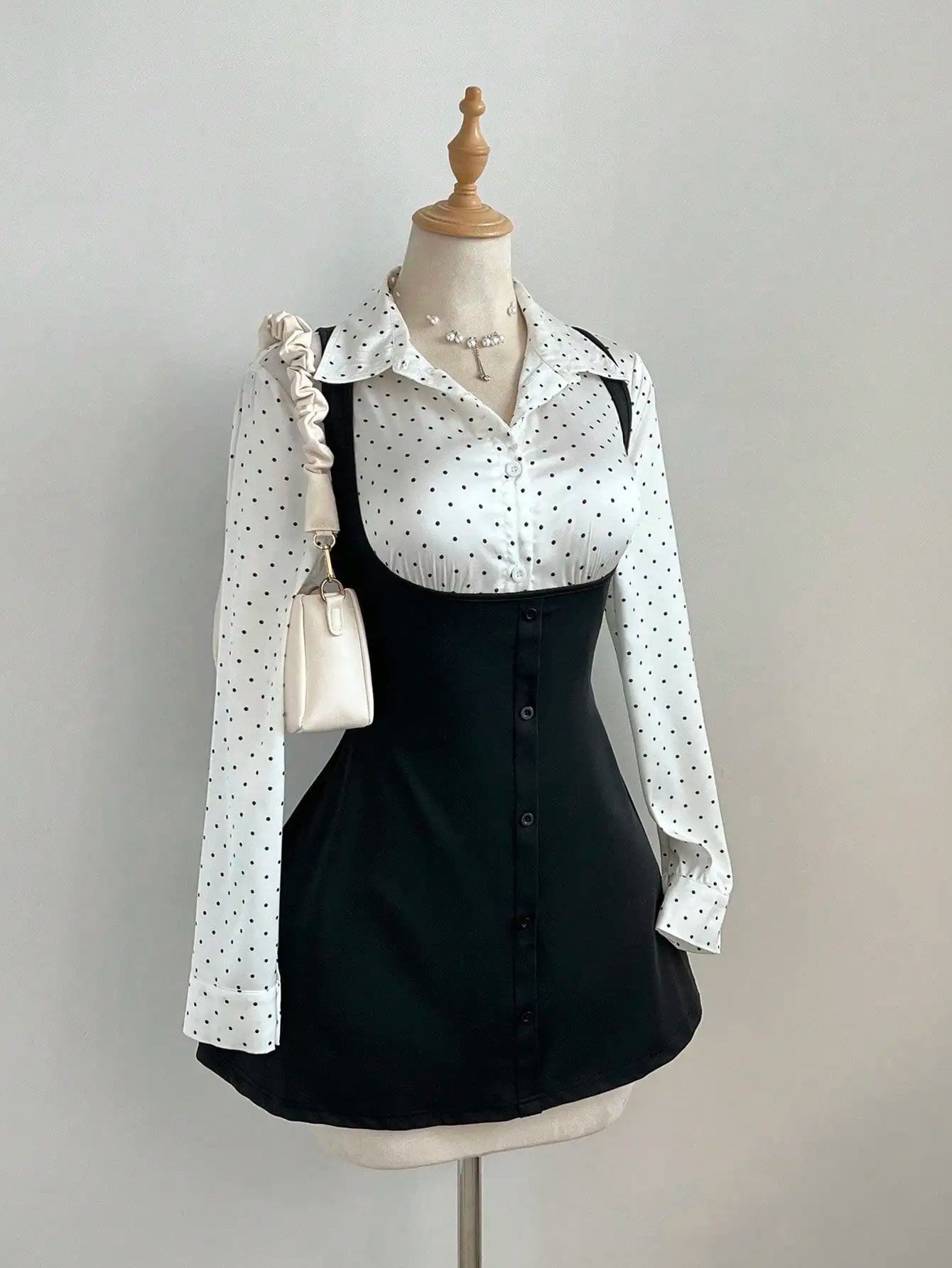 Women Satin Polka Dot Long Sleeve Shirt And Slip Dress 2-Piece Set