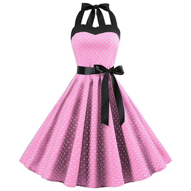 2025 New Spring Summer Sexy Retro White Polka Dot Dress Hepburn Women Vintage Halter Party Dresses 1950s Pin Up Rockabilly Robe