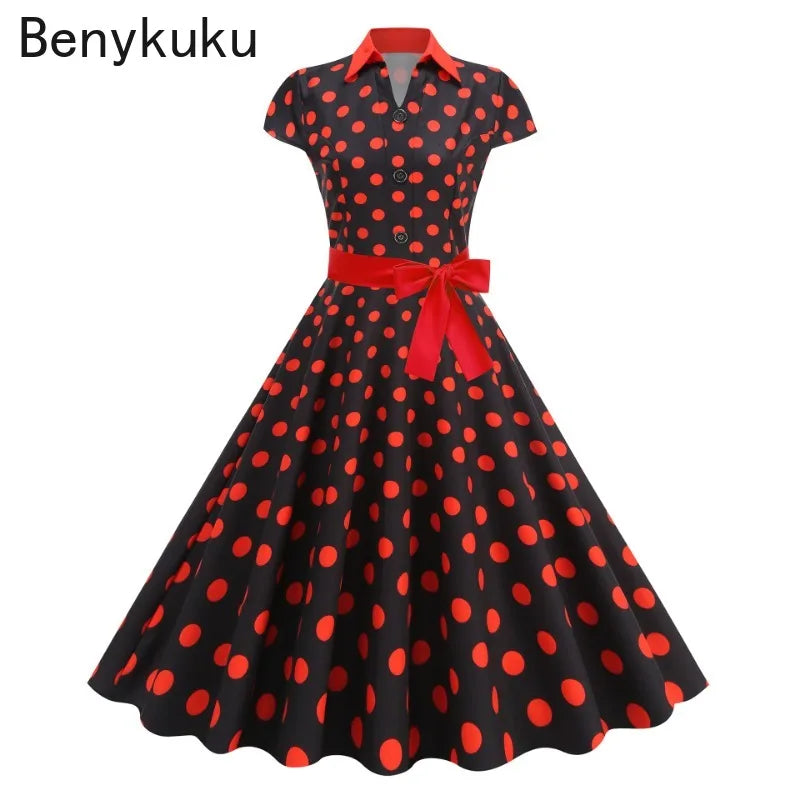 Polka Dot Summer Dress 2025 Women Hepburn Vintage Rockabilly Pin Up Dress Robe Femme Belted Casual Retro Elegant Party Sundress