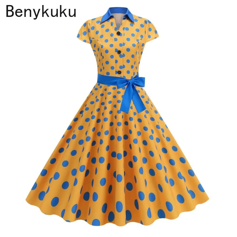 Polka Dot Summer Dress 2025 Women Hepburn Vintage Rockabilly Pin Up Dress Robe Femme Belted Casual Retro Elegant Party Sundress
