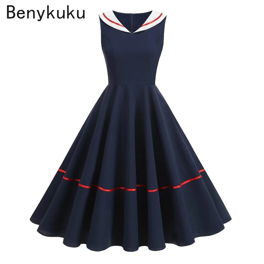 Preppy Style  Sailor Collar Vintage 50s 60s Swing Dress Summer Women Clothes Elegant Sleeveless School Pin Up Rockabilly Dresses