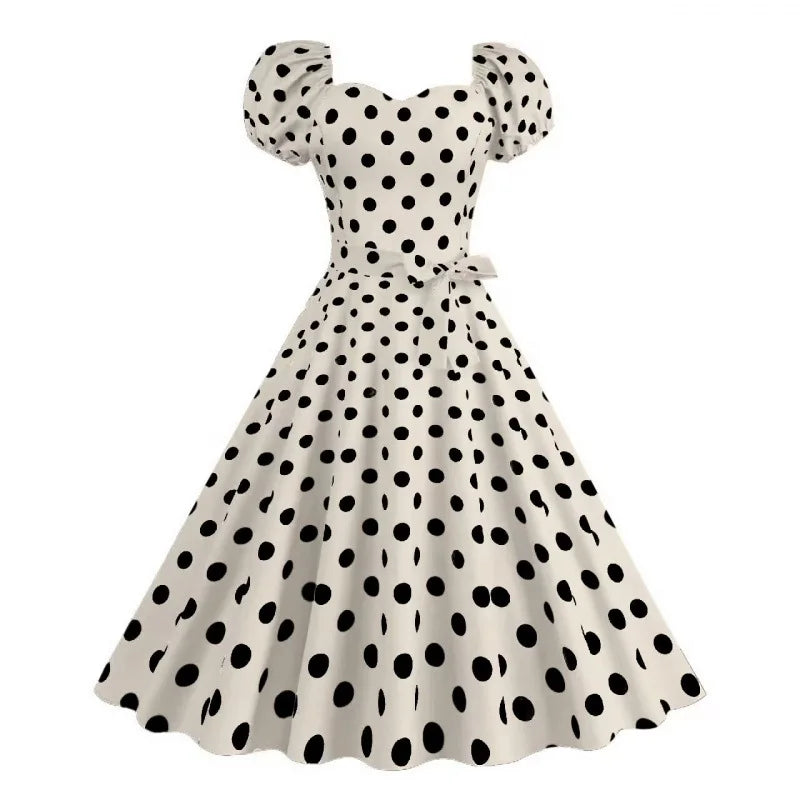 Retro Red Polka Dot Summer Dress Audrey Hepburn Vintage Swing Clothes Puff Sleeve 50s 60s Pin Up Rockabilly Dresses Robe Femme
