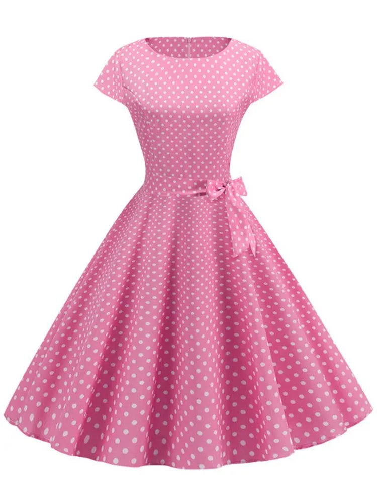 Summer Polka Dot Dress Women Elegant Short Sleeve A-Line Midi Party Dress Sundress Robe Rockabilly Vestidos