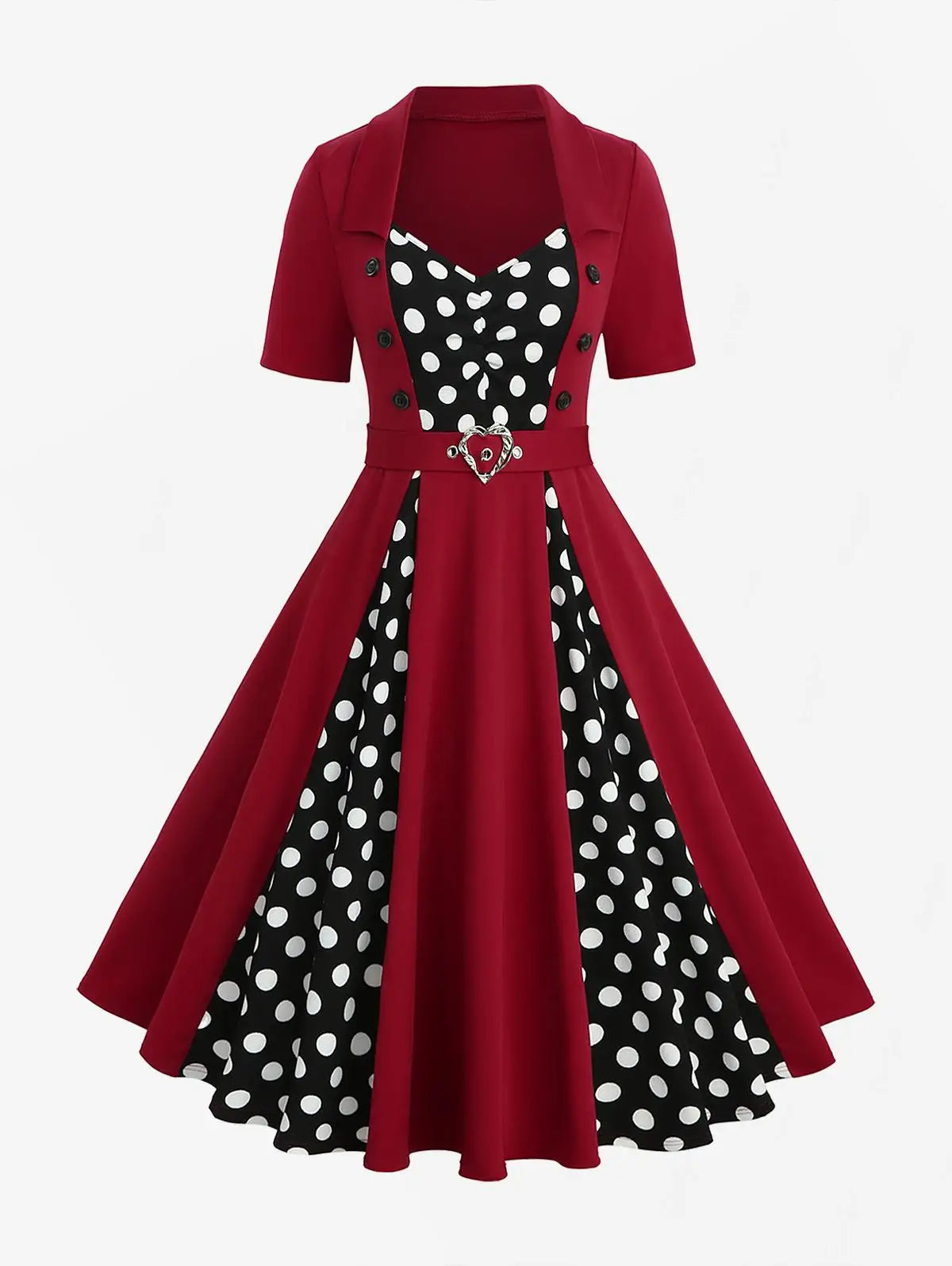 ROSEGAL Plus Size Womens 1950s Retro Vintage Dresses Polka Dot Mock Buttons Heart Buckle Ruched Rockabilly Cocktail Party Dress