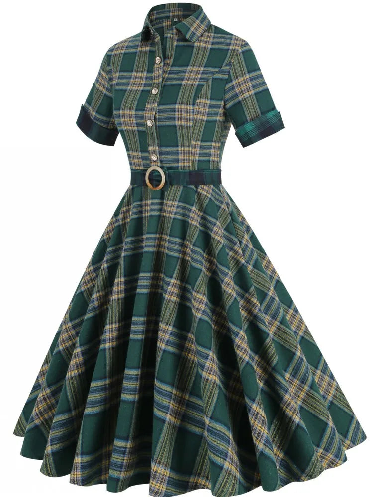 Women Pin Up Lattice Print Casual Party Dress Summer Short Sleeve Retro Robe 60s 50s Vintage Rockabilly Swing Dress Vestidos