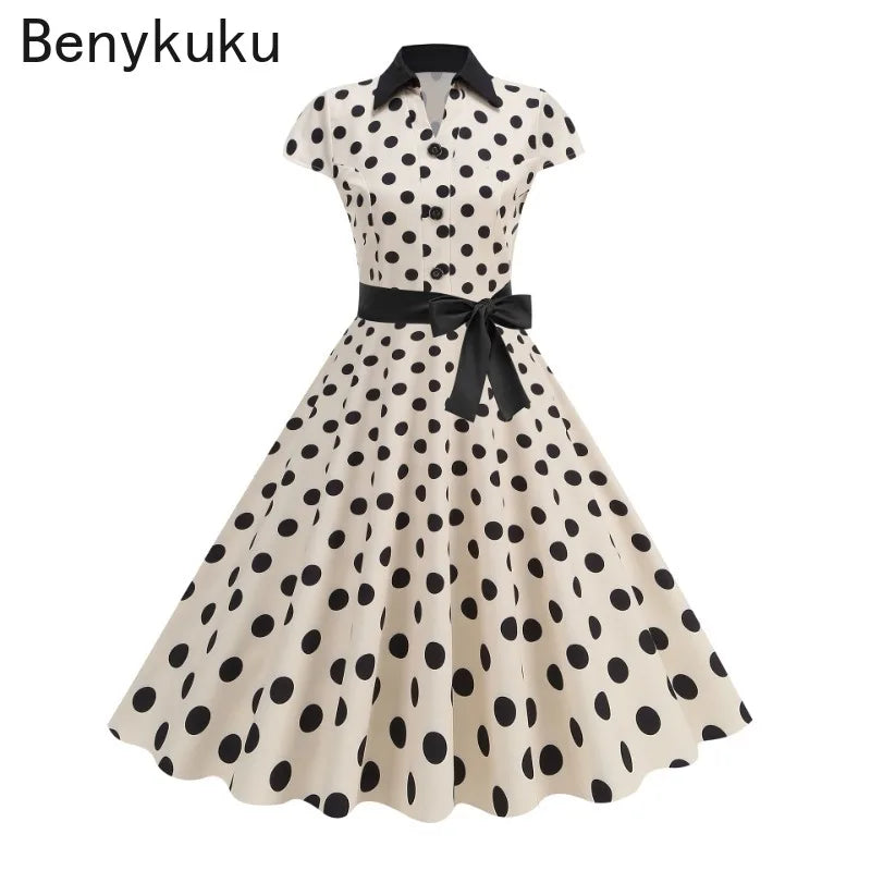 Polka Dot Summer Dress 2025 Women Hepburn Vintage Rockabilly Pin Up Dress Robe Femme Belted Casual Retro Elegant Party Sundress