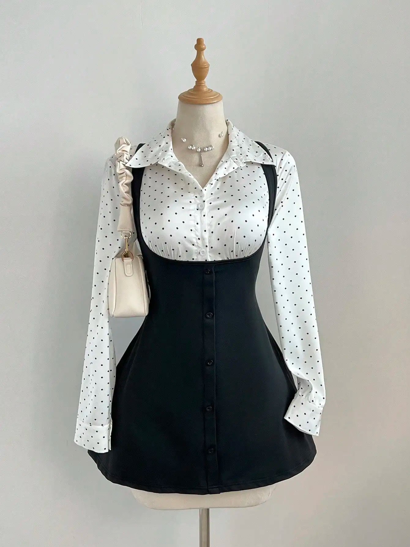 Women Satin Polka Dot Long Sleeve Shirt And Slip Dress 2-Piece Set