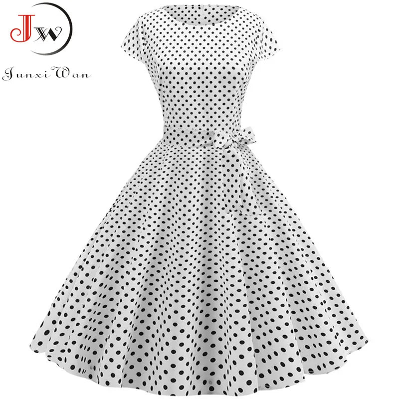 Summer Polka Dot Dress Women Elegant Short Sleeve A-Line Midi Party Dress Sundress Robe Rockabilly Vestidos