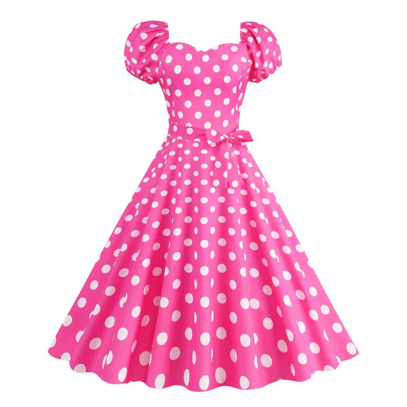 Retro Red Polka Dot Summer Dress Audrey Hepburn Vintage Swing Clothes Puff Sleeve 50s 60s Pin Up Rockabilly Dresses Robe Femme
