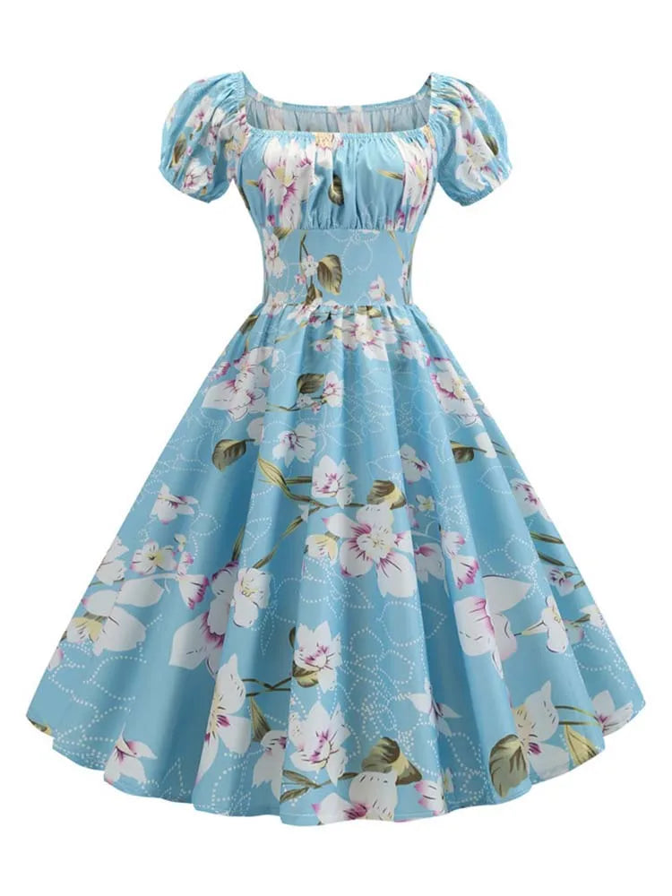 Elegant Floral Print Summer Dress Women Puff Sleeve Swing Vintage Pin up Party Robe Femme Classic Jurken Style
