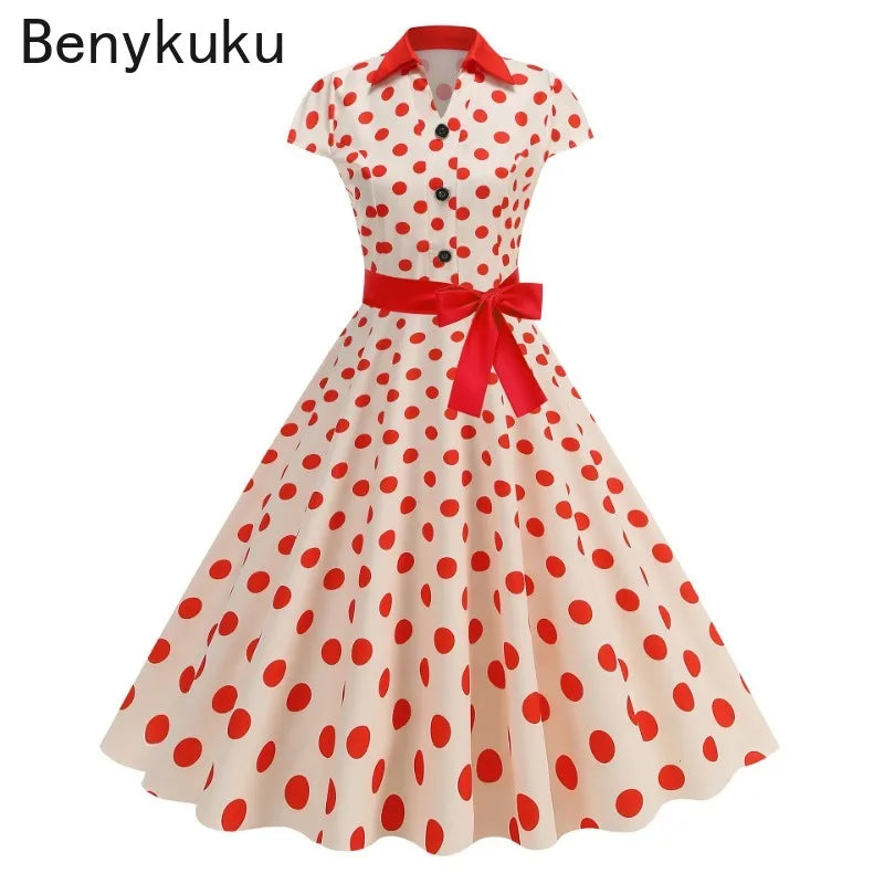 Polka Dot Summer Dress 2025 Women Hepburn Vintage Rockabilly Pin Up Dress Robe Femme Belted Casual Retro Elegant Party Sundress