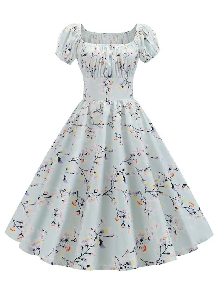 Women's Vintage Floral Print Puff Sleeve Midi Dress Elegant A-line Rockabilly Pinup Summer Party Robe Chic Vestidos