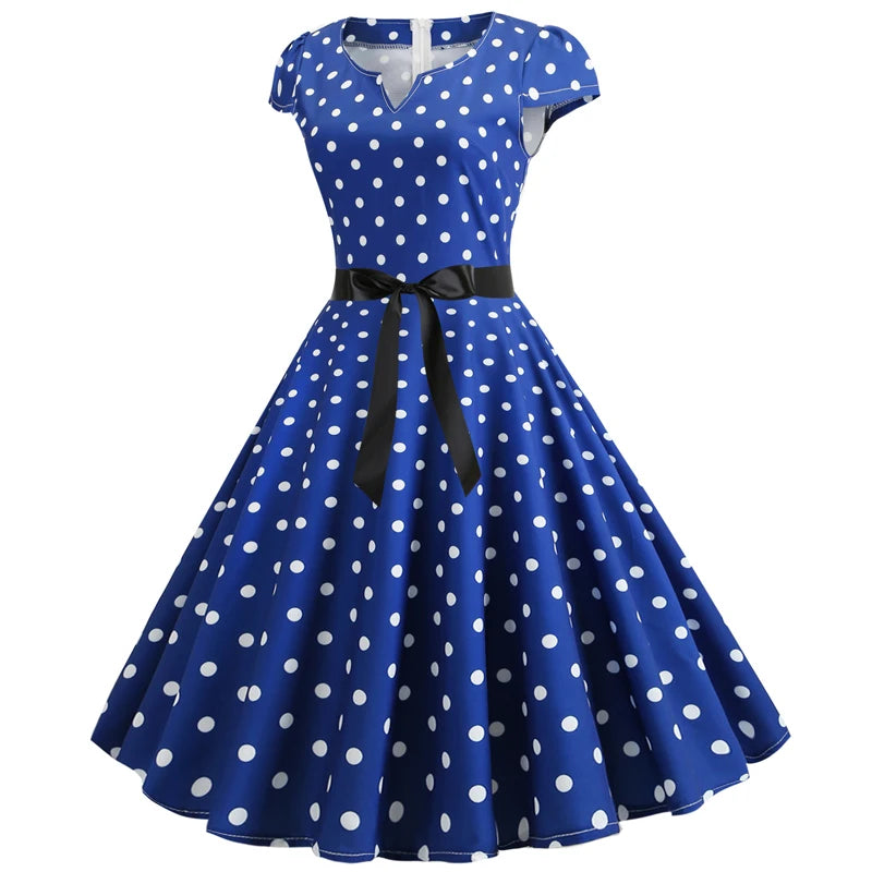 Women Vintage 1950s 60s  Polka Dot Big Swing Dress Aesthetic Bowknot Sash Belt Gown Pinup Rockabilly Party Sundress Elegant Robe