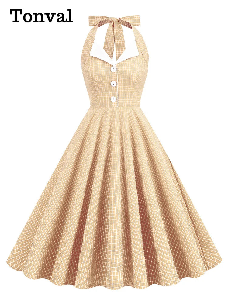 Tonval Button Up Plaid Vintage Fit and Flare Dress Summer Women Pinup Robe Halter Backless Evening Party Pockets Dresses