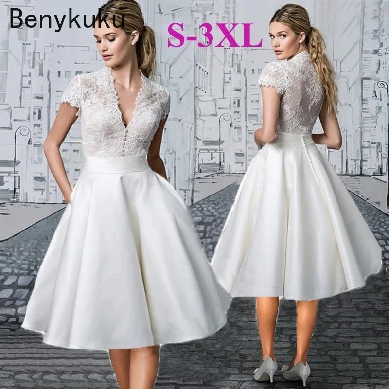 Sexy Deep V Neck High Waist White Lace Patchwork A Line Dress Summer Women Rockabilly Pin Up Casual Evening Party Ladies Dresses