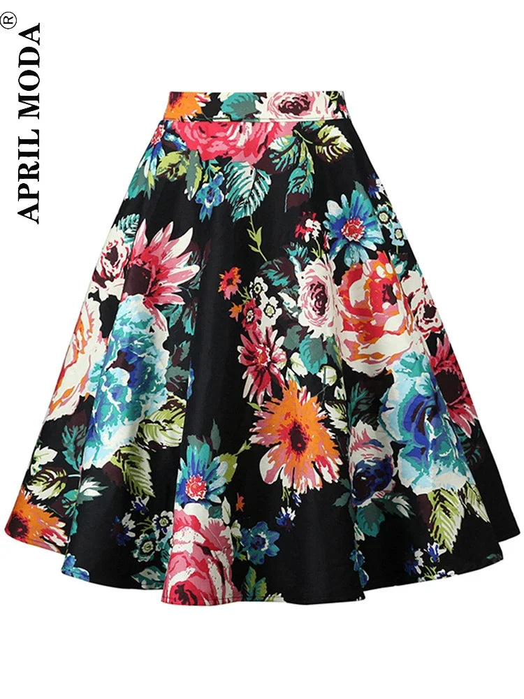 2024 Women Causal A Line Swing Runway Skirt Floral Print Fashion Sexy Summer Vintage Skirt Slim High Waist Pinup 50s 60s Skirts