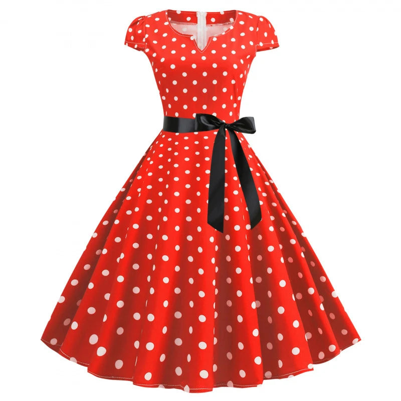 Women Vintage 1950s 60s  Polka Dot Big Swing Dress Aesthetic Bowknot Sash Belt Gown Pinup Rockabilly Party Sundress Elegant Robe