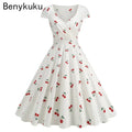 Print Cherry Sunflower 50s 60s Pin Up Rockabilly Dress 2025 V Neck Summer Clothes Women Hepburn Vintage Swing  Party Dresses
