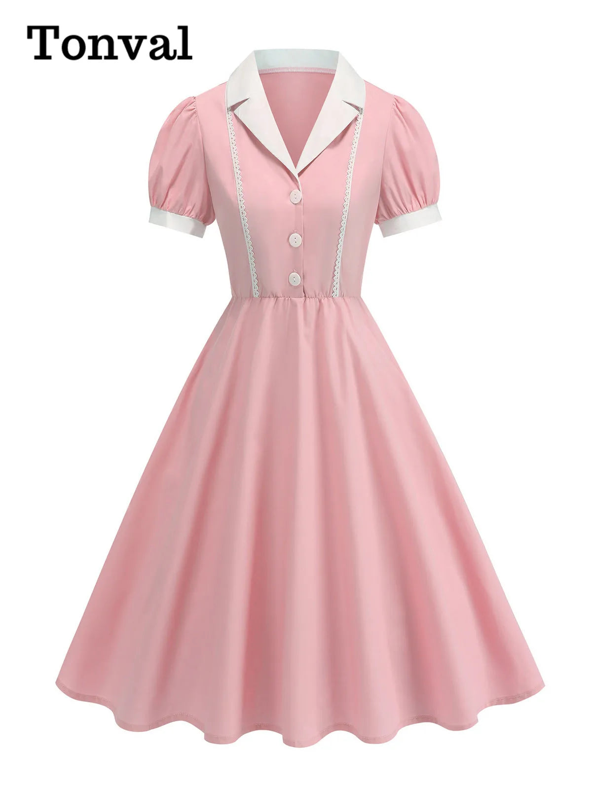 Tonval Notched Collar Puff Sleeve 1950s Pinup Vintage Dress Buttons Front Women 2026 Summer Clothes Lace Detail Swing Dresses