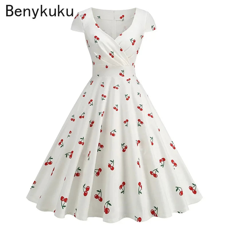 Print Cherry Sunflower 50s 60s Pin Up Rockabilly Dress 2025 V Neck Summer Clothes Women Hepburn Vintage Swing  Party Dresses