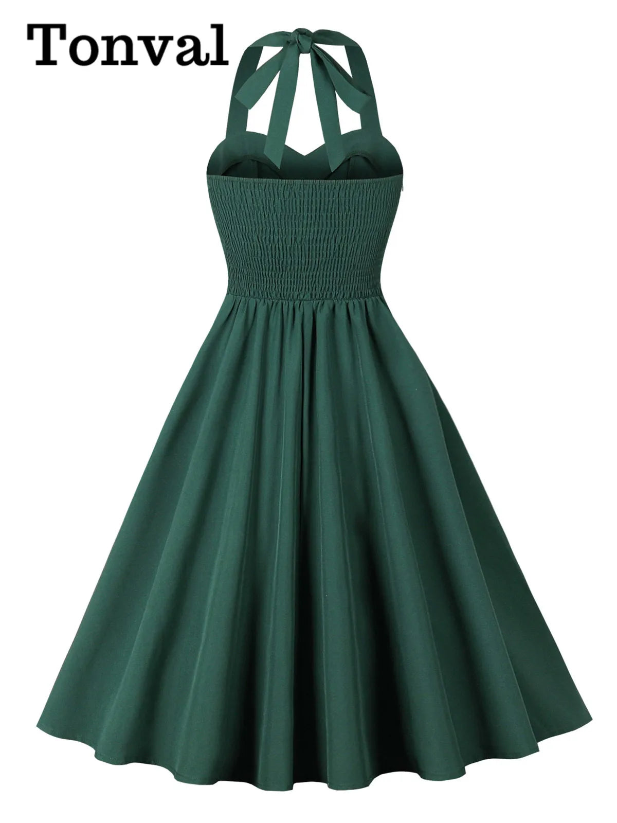 Tonval Halter Neck 50s Retro Pinup Clothing Green Dresses for Women Backless Cocktail Party Pockets Front Vintage Flare Dress