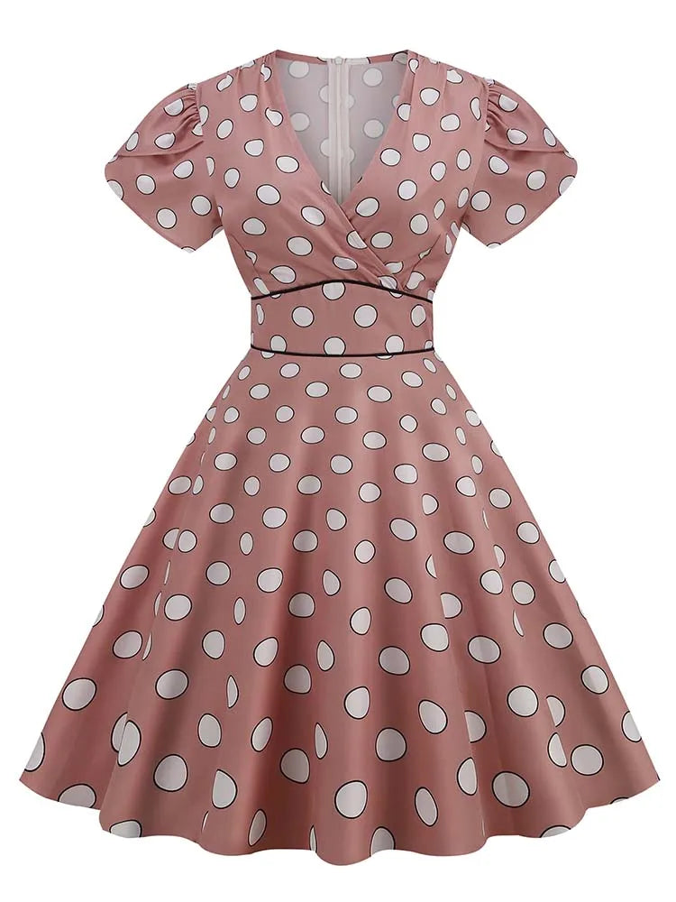 Print Summer Women Vintage Dress Retro Pin UP Casual Party Robe 60s 50s Swing Sundress Short Sleeve V Neck Midi Vestidos