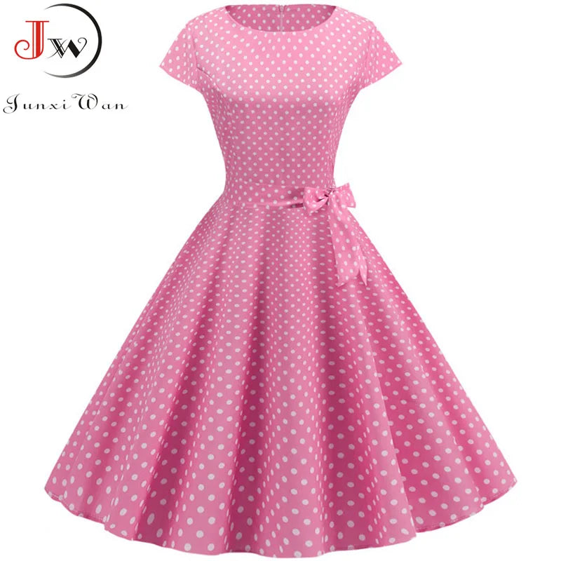 Summer Polka Dot Dress Women Elegant Short Sleeve A-Line Midi Party Dress Sundress Robe Rockabilly Vestidos