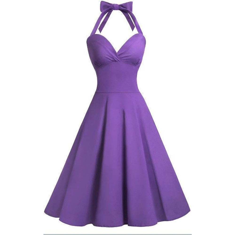 BABYONLINE 50s Audrey Hepburn Halter Dress for Women Vintage Tie Button Swing Dresses Pinup Rockabilly Cocktail Party Dress