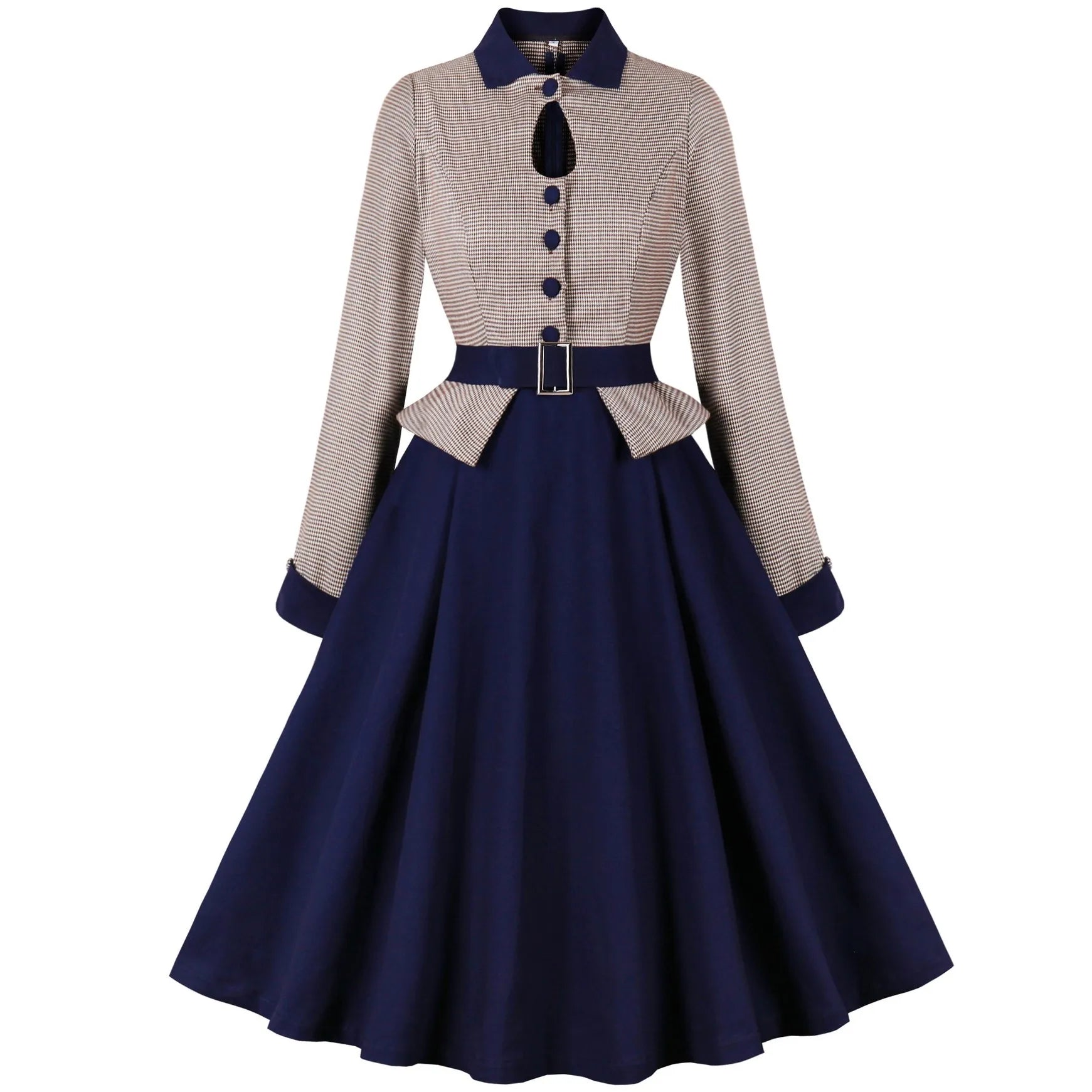 Women Pin Up Lattice Print Casual Party Dress Long Sleeve Retro Robe 60s 50s Vintage Rockabilly Swing Dress Vestidos 2024 Spring