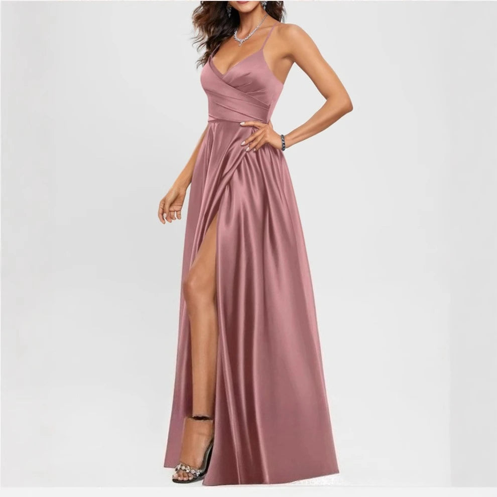 Classic Spaghetti Straps Side Split Back Lace Up Satin Long Bridesmaid Dress